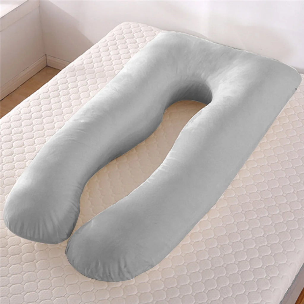 U-shaped pregnancy pillow in ice silk fabric, shown in grey colour.