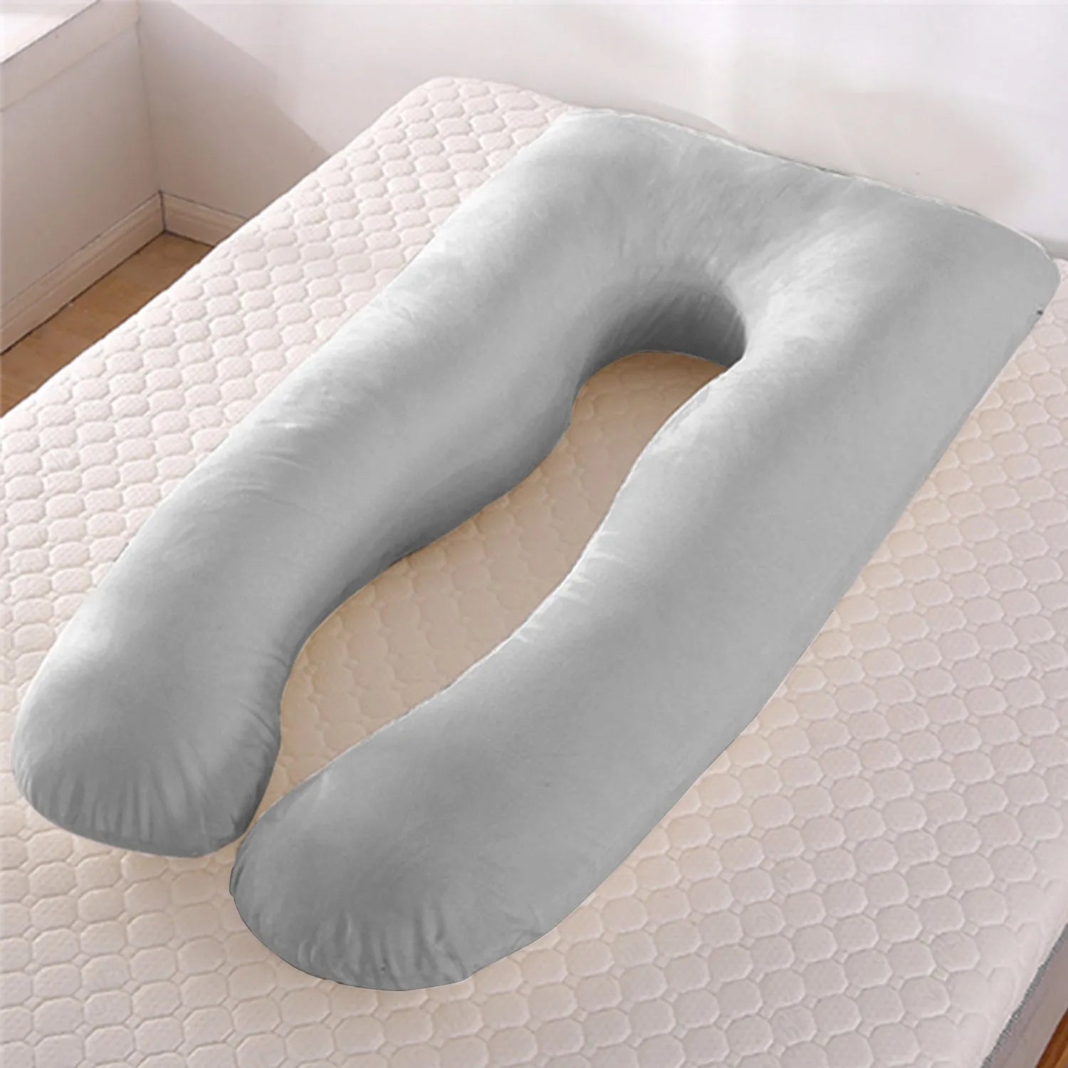 U-shaped pregnancy pillow in ice silk fabric, shown in grey colour.