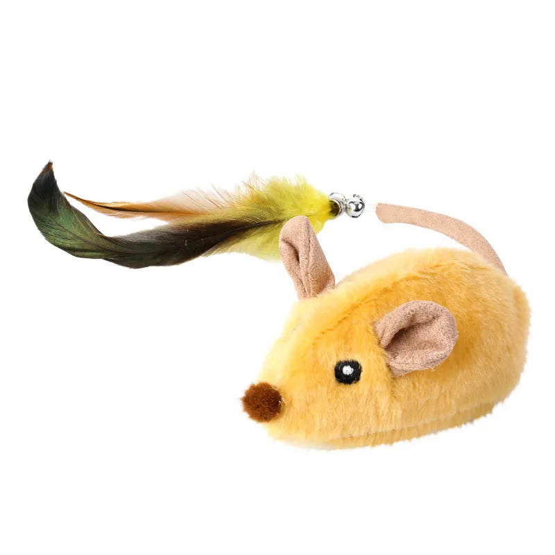 Electric charging mouse cat toy with feather tail decoration in grey or yellow plastic