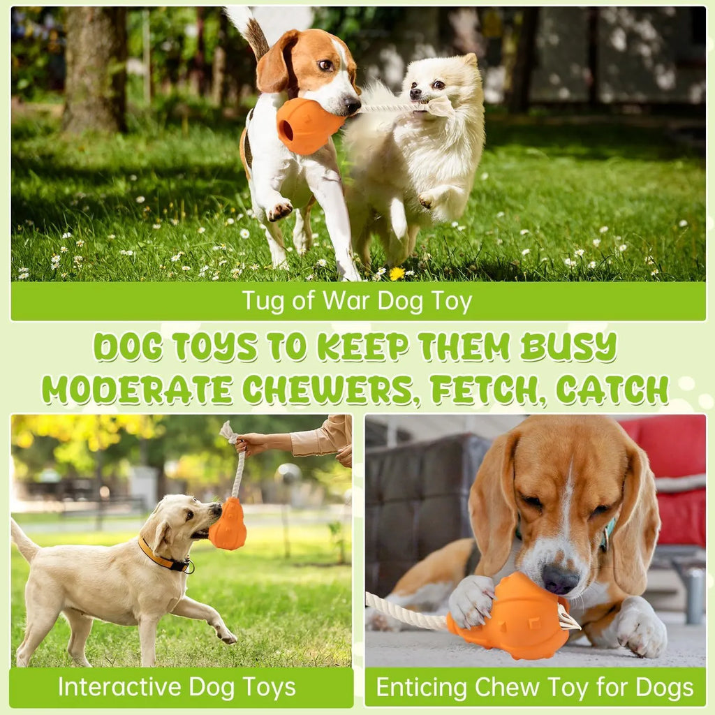 Natural rubber stuffable dog chew toy with a long strap for fetch, showing hollow treat-dispensing centre.