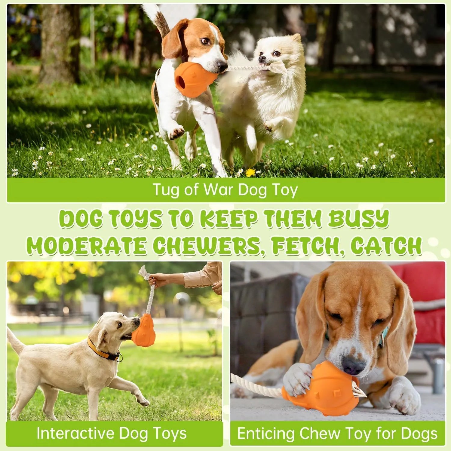 Natural rubber stuffable dog chew toy with a long strap for fetch, showing hollow treat-dispensing centre.