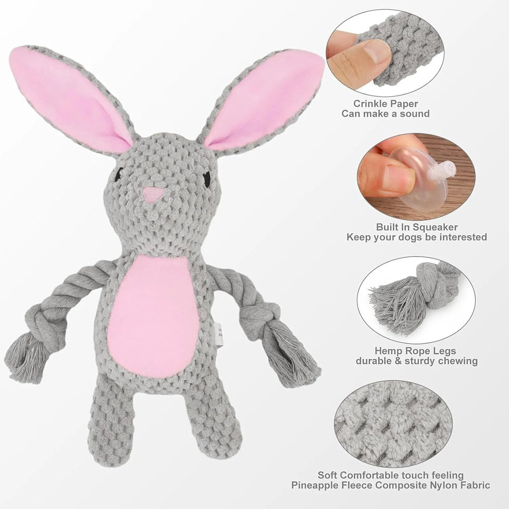 Animal-shaped plush dog toy with integrated cotton rope, shown in elephant, fox, monkey, pig, and rabbit designs.
