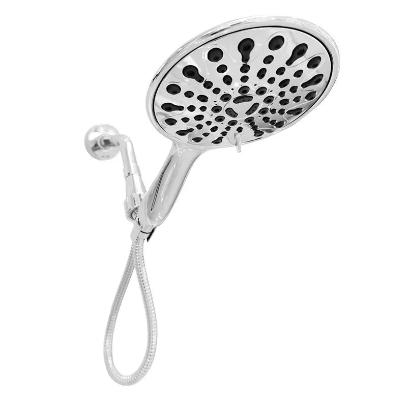 Portable 6-inch handheld shower head with electroplated finish showing multiple spray functions