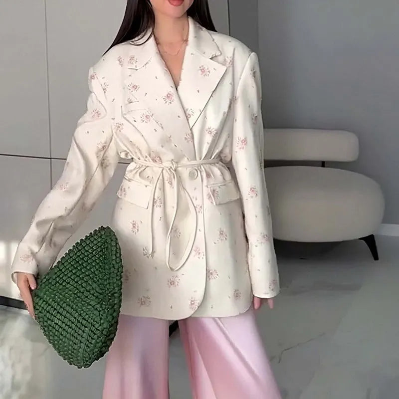 Women's lace-up waist suit jacket in polyester available in apricot white yellow and floral print colours