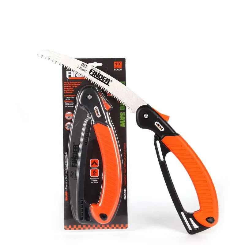 A folding garden hand saw with a TPR grip and a 9-inch 65MN steel blade, shown both open and closed.