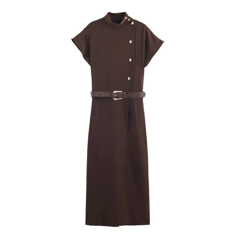 Brown women's belted dress with hood, long sleeves, and pleated irregular skirt in knitted mercerised cotton