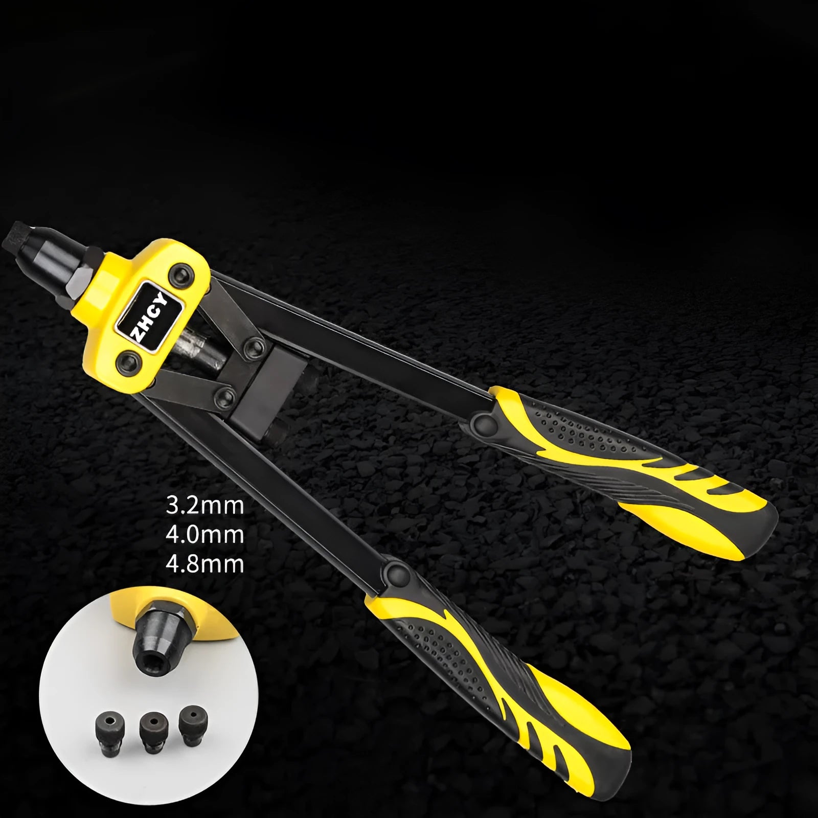 Yellow manual rivet gun with 13-inch handle and built-in tips for household riveting work