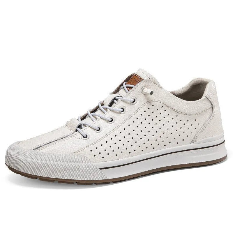 Men's round-toe casual shoes in matte leather, showing flat heel and breathable design on a white background.