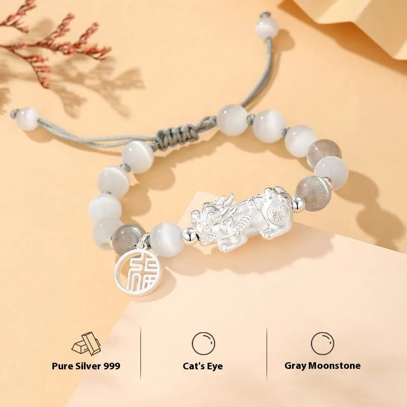 Sterling silver couple bracelet with hand-woven leather band and tassel decorations in national fashion style