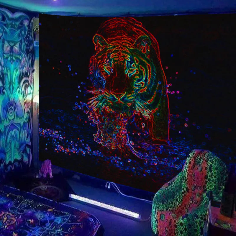 Fluorescent woven plush polyester tapestry with landscape pattern, available in 23 colours and multiple sizes