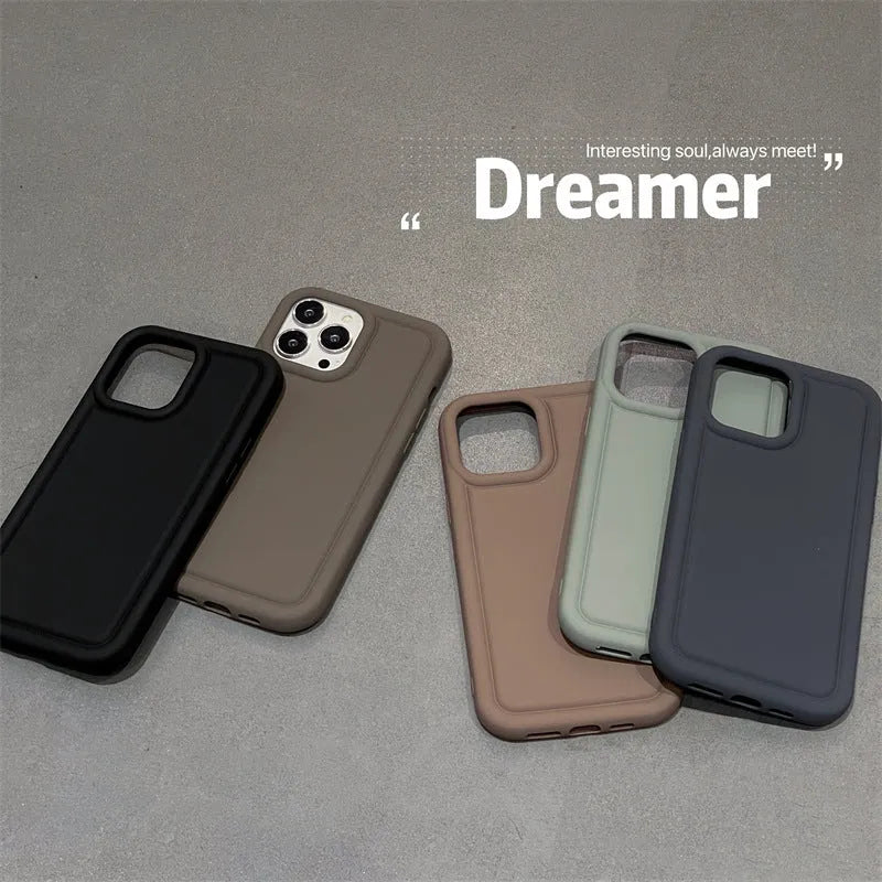 Silicone soft phone case for iPhone, available in multiple colours including black and khaki, flexible protective cover