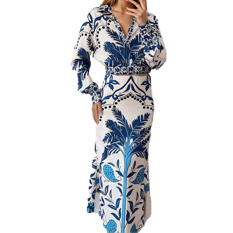 Women's casual outfit set with long sleeve top and long skirt in picture colour.