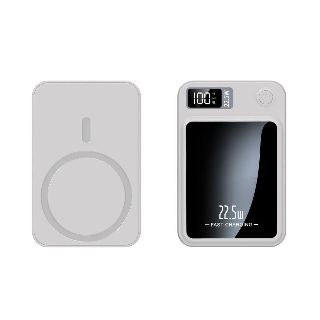 Wireless Magsafe power bank in black with compact industrial design showing charging surface
