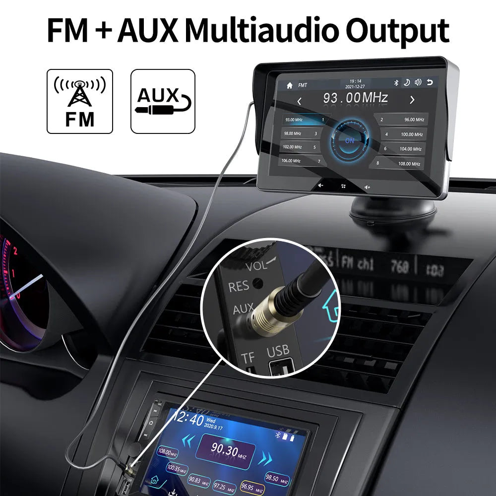 7-inch car wireless CarPlay display with suction cup mount and astern video cable on a dashboard