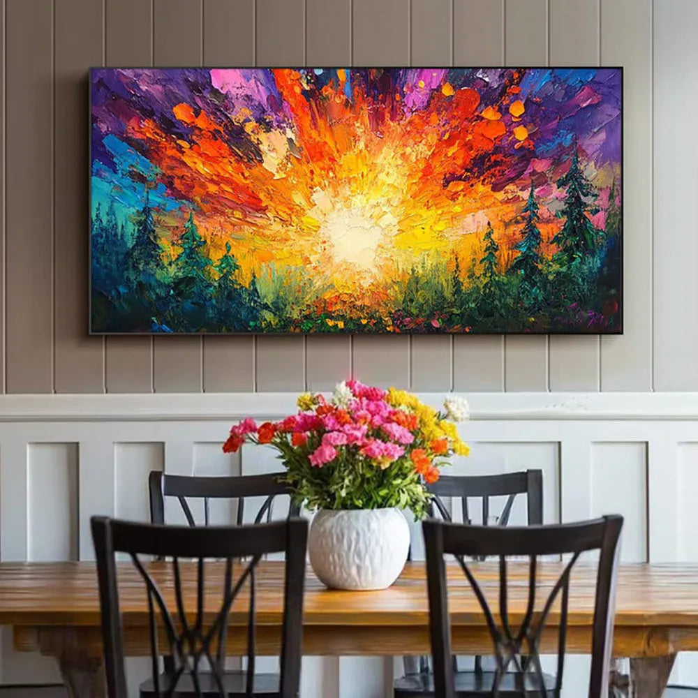 Hand-painted oil painting of a sun rising in a deep forest with brilliant light, square canvas wall art without frame