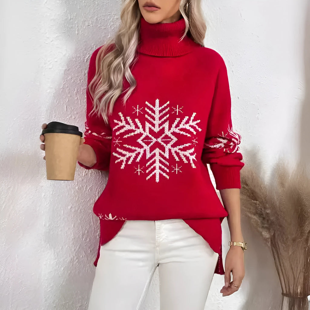 Women's high collar Christmas sweater jacquard knit floral pattern medium length 65cm red black khaki dark green