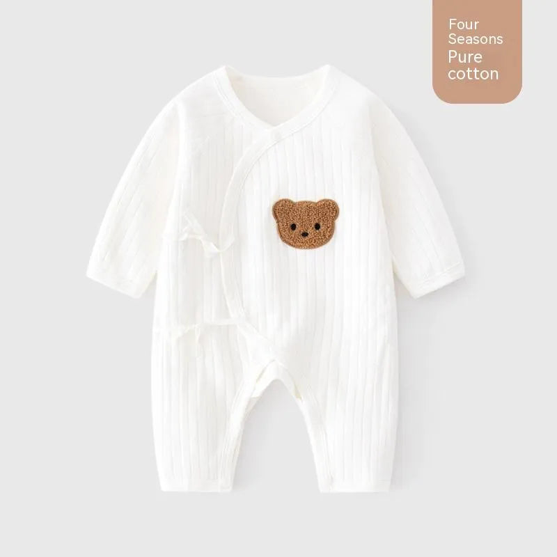 White cotton newborn jumpsuit with top fly lace closure and jacquard teddy bear straps
