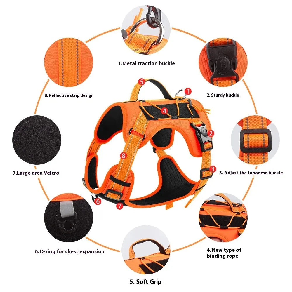 Orange reflective dog vest harness with a black hand-holding rope, shown on a medium-sized dog.