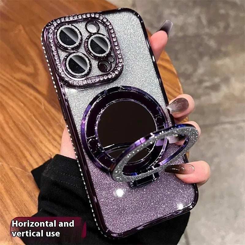 Gradient glitter iPhone case with a built-in square mirror on the back, shown in gradient purple.