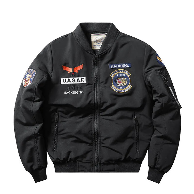 Men's slim-fit black retro embroidered motorcycle coat with a stand collar and patch pockets.