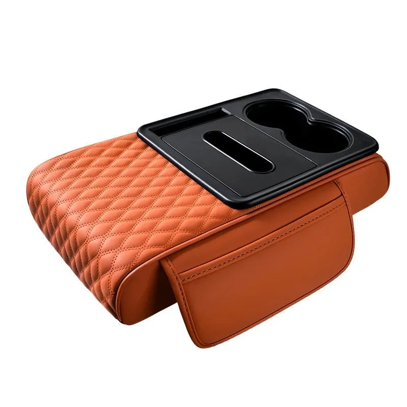 Multi-functional leather armrest box mat for car in beige colour with storage compartments, 35x19.5x7cm