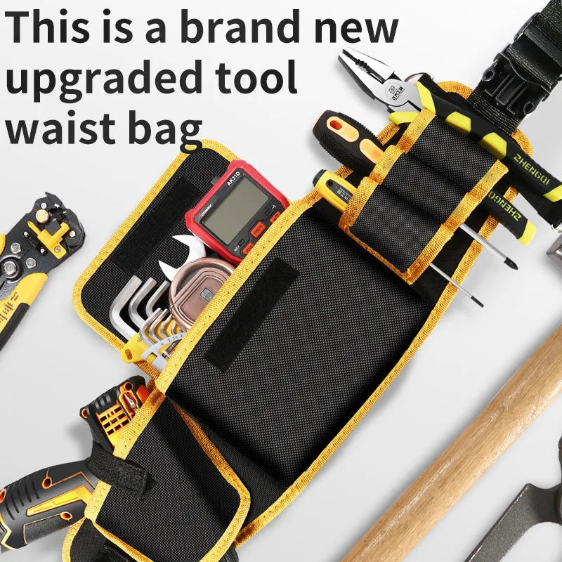 Yellow canvas electrician tool waist bag with belt and multi-function storage for small repair tools
