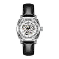 Mechanical wristwatch with luminous hands and a leather strap, shown in a choice of colours.