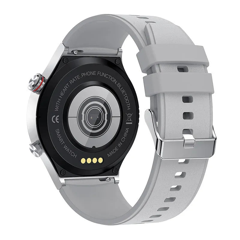 Black smartwatch with silicone band showing call notification on 1.28 inch screen