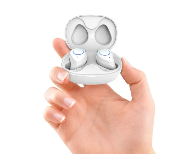 Black and white M18 true wireless Bluetooth in-ear headphones with charging case.