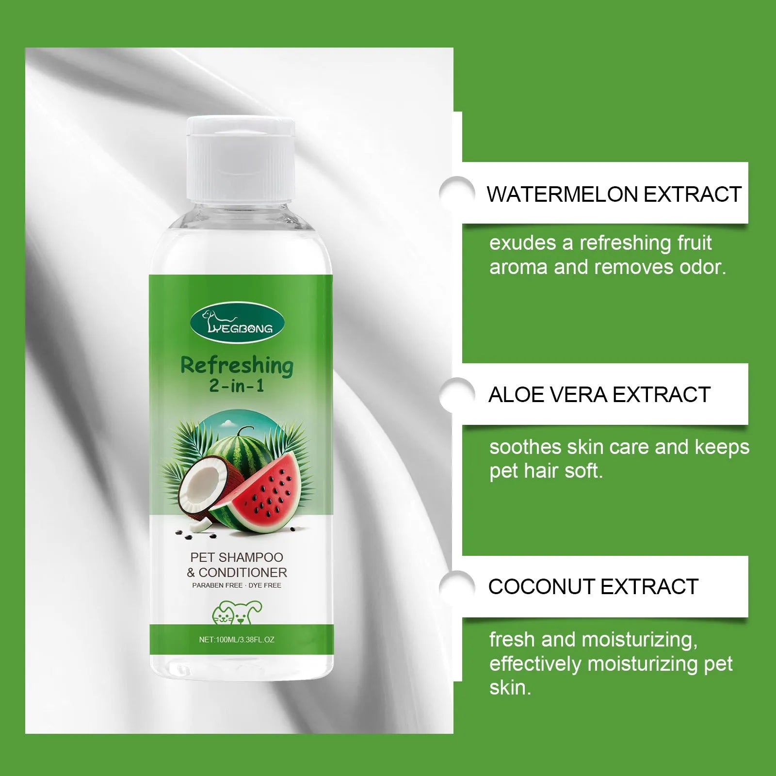 100ml bottle of 2-in-1 pet shampoo and shower gel with coconut and watermelon extract.