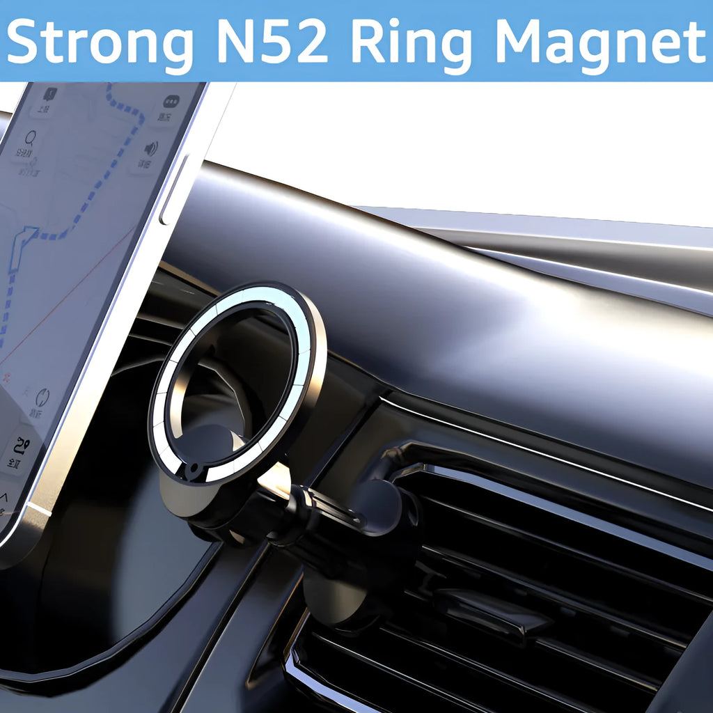 Black magnetic car air vent phone holder with O-ring for phones under 6.8 inches.