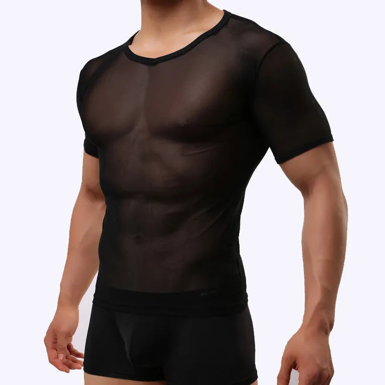 Men's slim fit mesh t-shirt in solid colour on a hanger, showing short sleeves and pullover style.