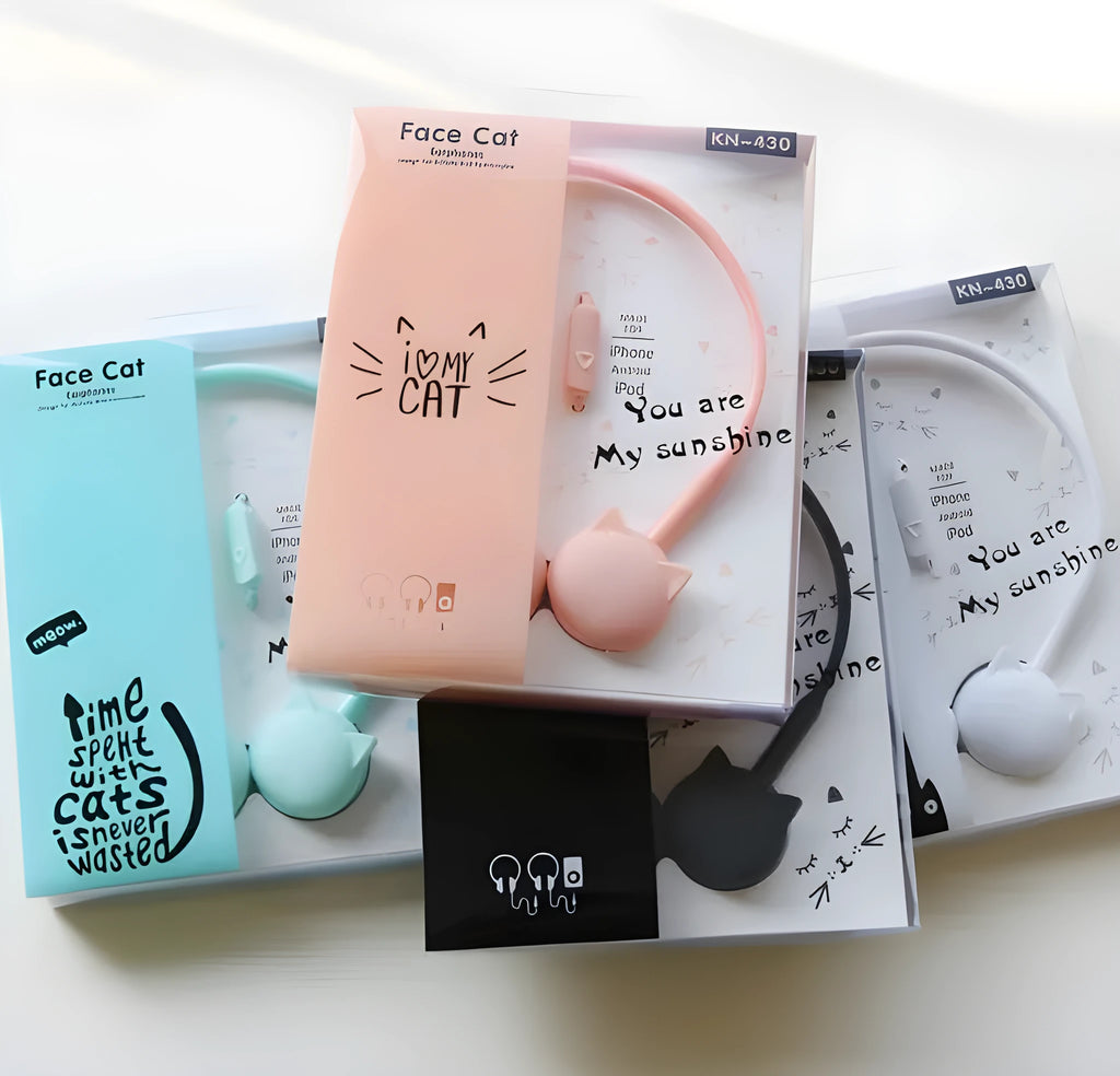 Foldable cat ear headphones in black, blue, pink, or white colours with 3.5mm plug