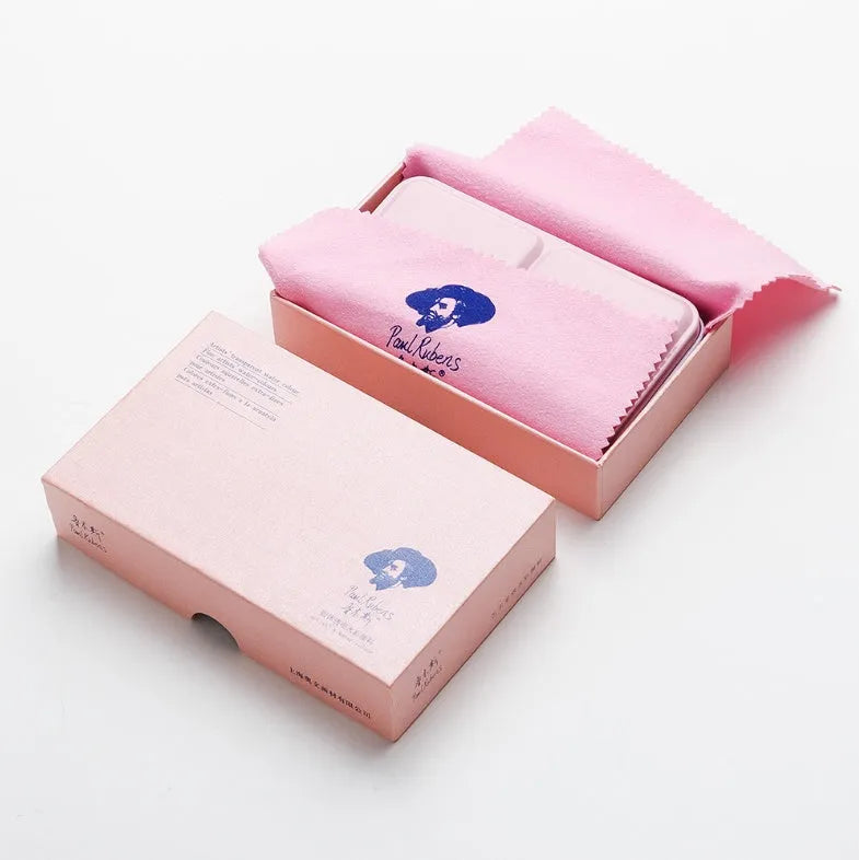 Solid watercolour paint palette showing pearl-effect colour pans in 12 and 24 set options.