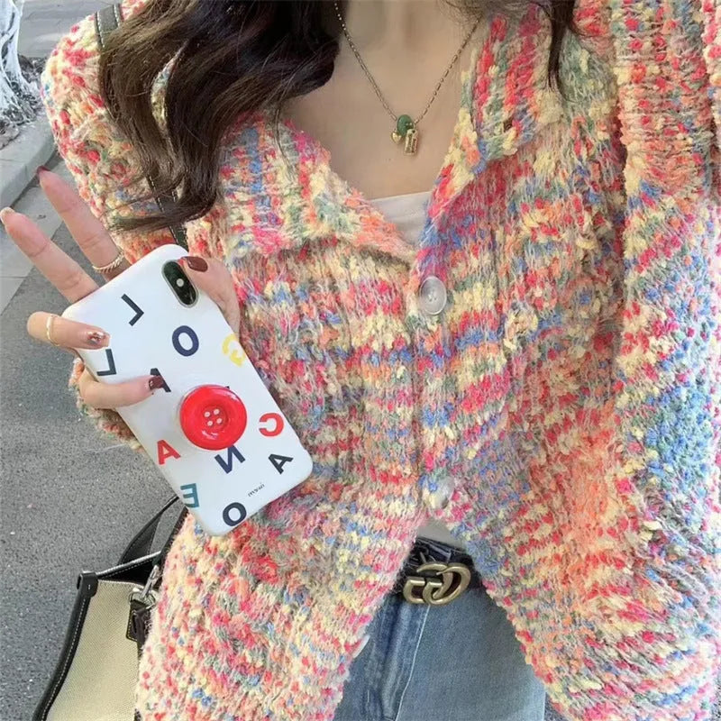 Rainbow knitted cardigan in acrylic fabric showing pink or green colour options with regular sleeves