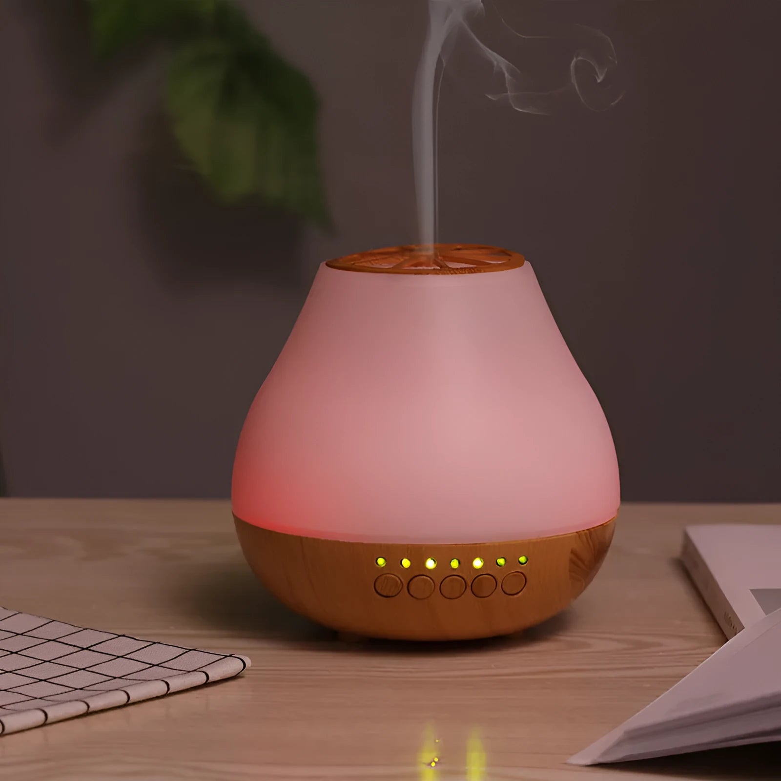 USB essential oil aroma diffuser with colourful LED lights in wood grain finish