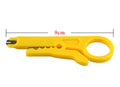 Yellow mini portable wire stripper tool for 0.6mm cables on a workbench.