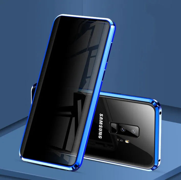 Black anti-peeping magnetic clamshell phone case for Samsung smartphones with privacy screen, shown open.