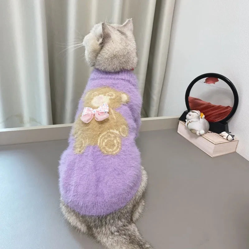 New winter dog cat bow tie bear sweater in wool, pet clothing in purple, pink, green-blue, white