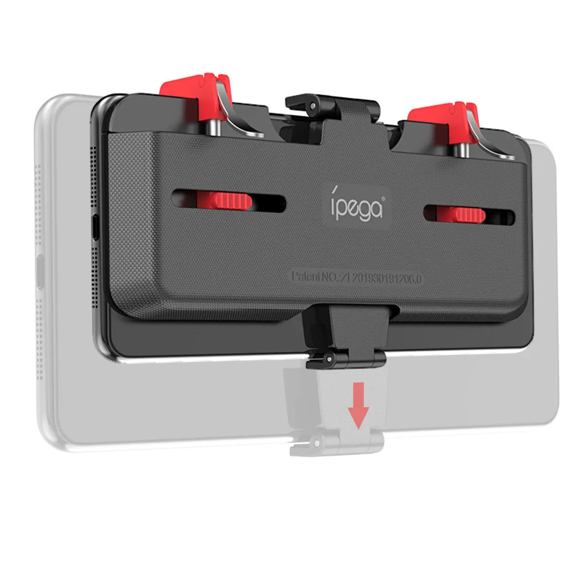 Black mobile phone game trigger stand with adjustable metal trigger and telescopic fixing clip
