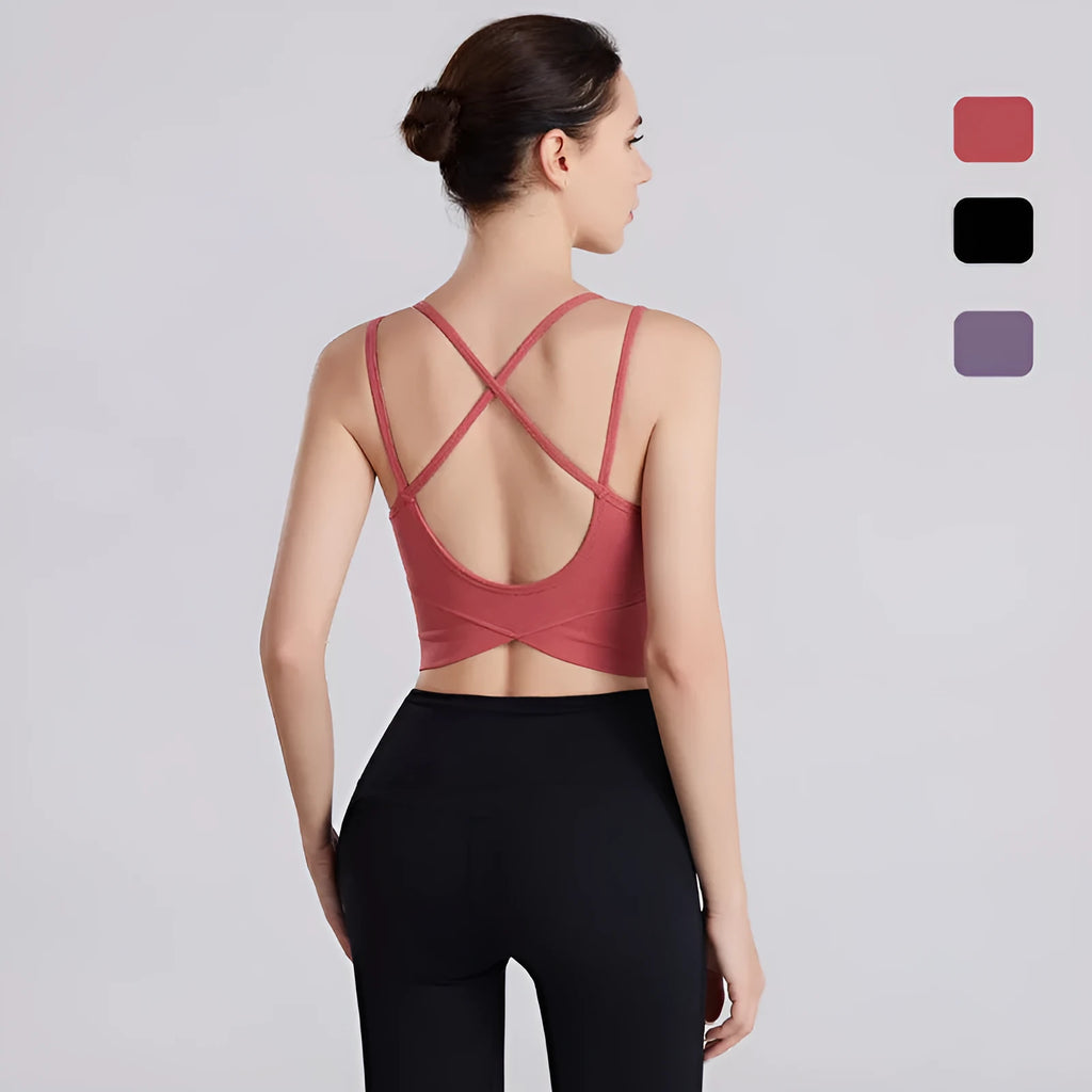 Women's nylon yoga fitness top in black with size chart, available in S to XL for gym workout
