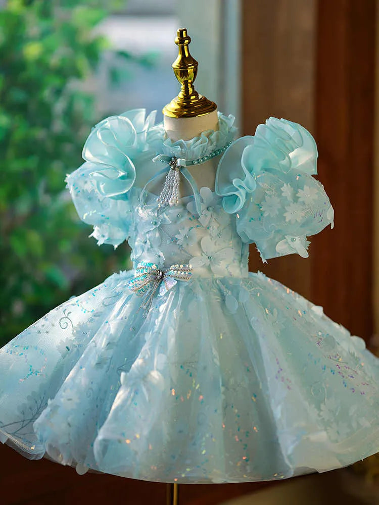 Girls' blue-green satin princess evening dress with back zip fastening, full-length formal gown