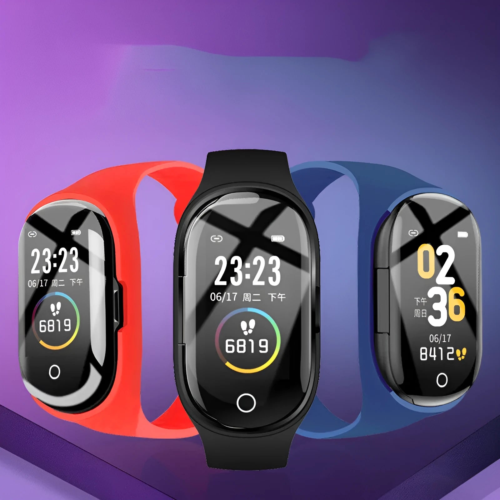 Black silicone smart wristband with 1-inch touchscreen and wireless earphone combination for Android devices