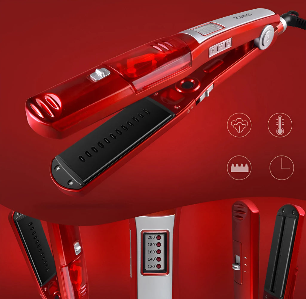 Electric hair straightener with tourmaline ceramic plates, steam hydration, and 10 temperature settings for wet and dry hair