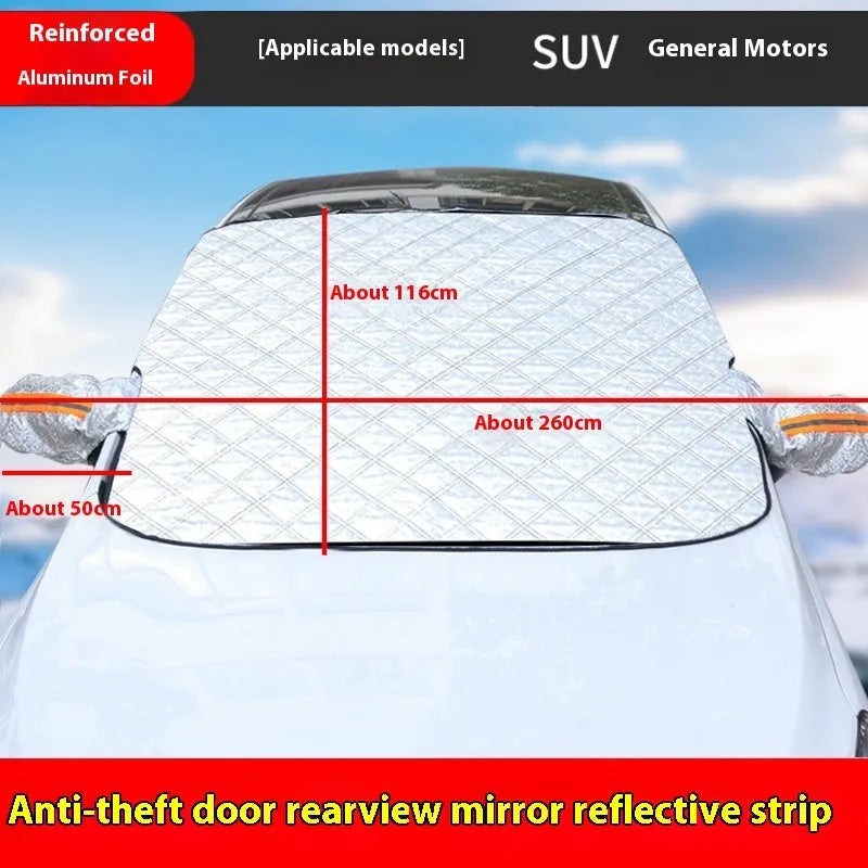 Aluminium foil car windshield cover with magnetic fasteners and reflective edge stripes for SUV frost protection
