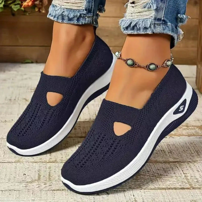 Casual T-strap mesh shoes for women with a soft PVC sole, shown in multiple colour options.