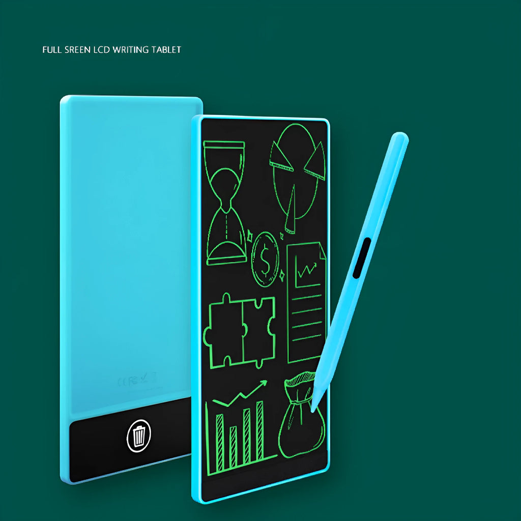 Blue LCD handwriting board with 6.5-inch screen and stylus on a white background