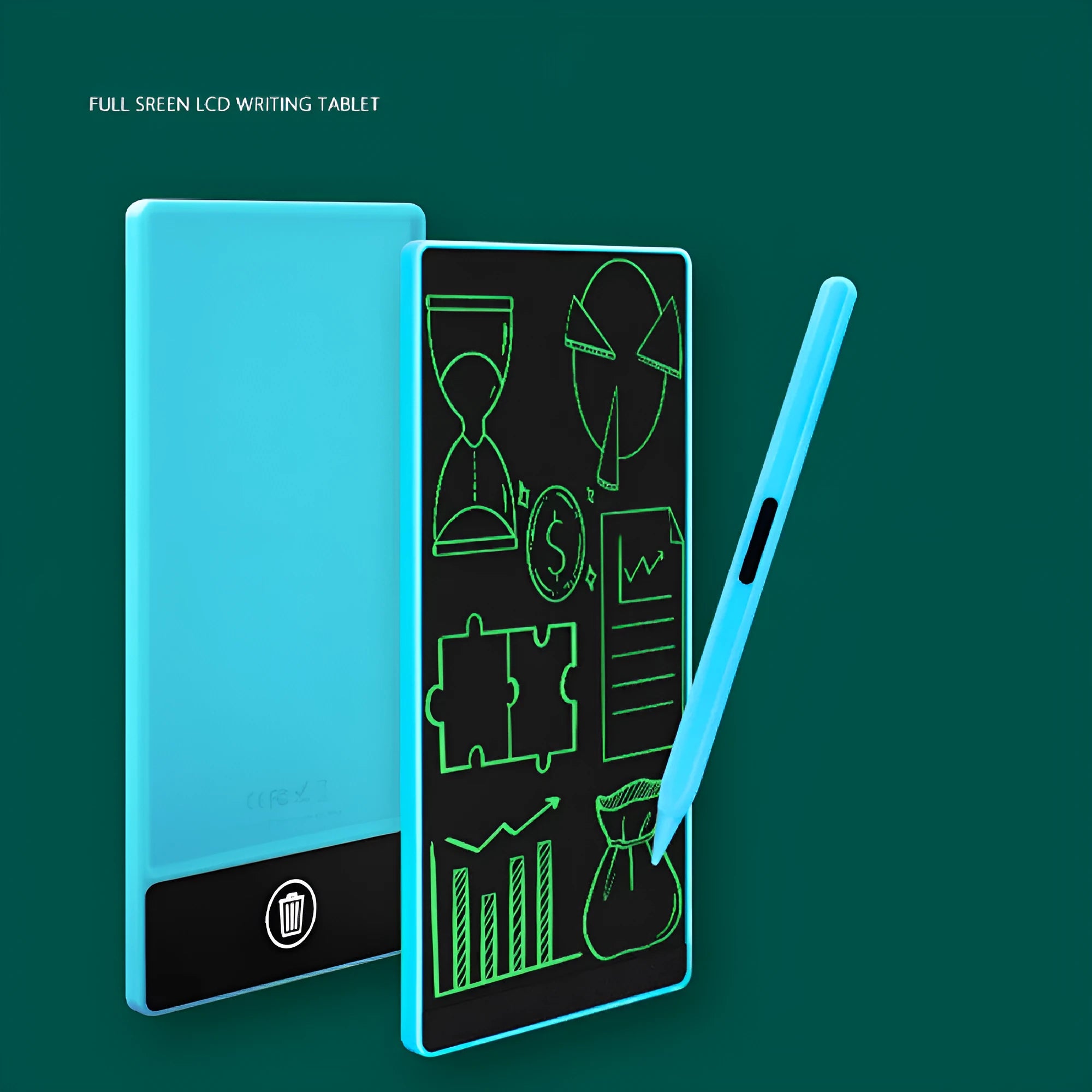 Blue LCD handwriting board with 6.5-inch screen and stylus on a white background
