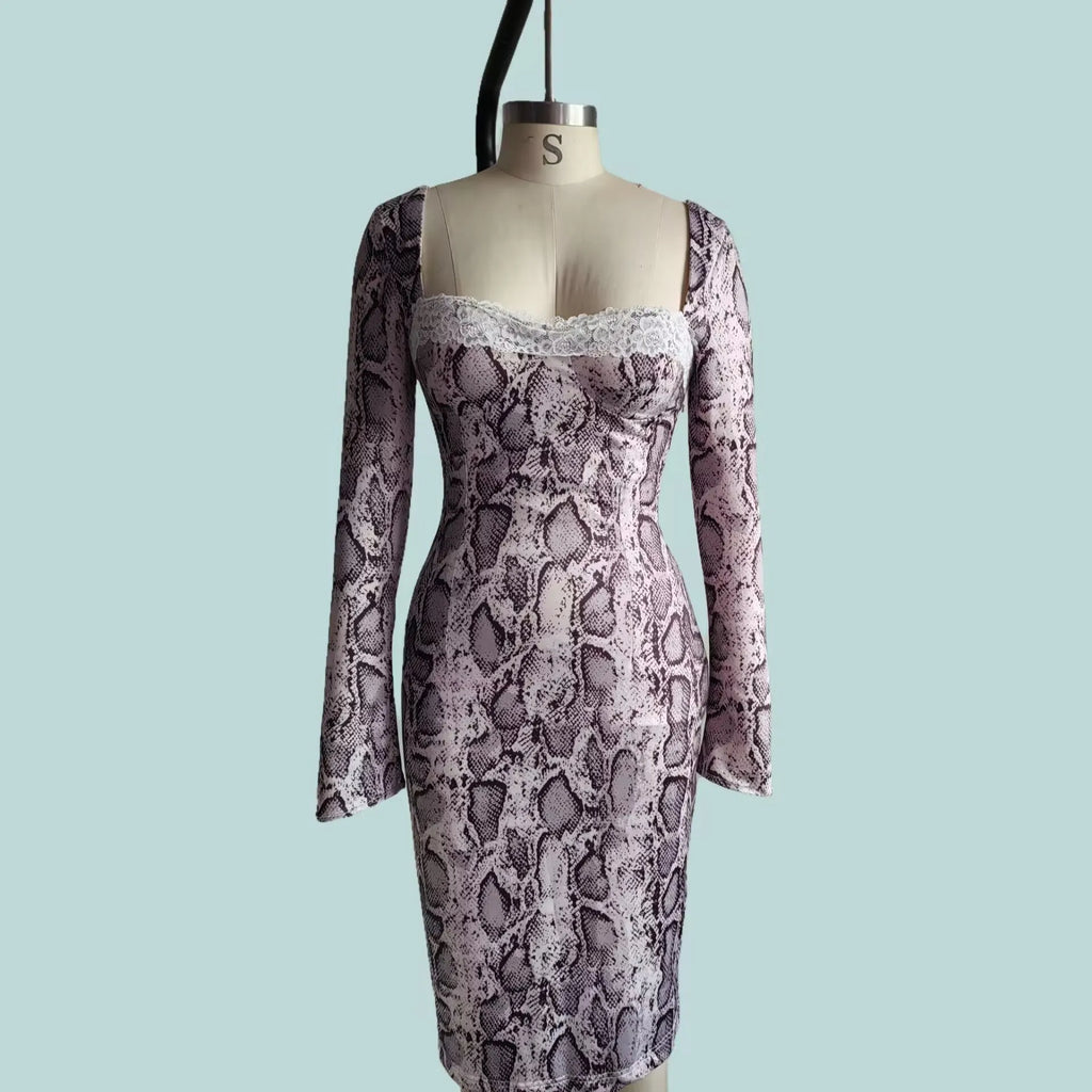 Grey digital printed lace dress with 3D pattern, A-line skirt, and long sleeves