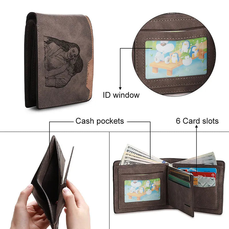 Coffee-coloured engraved horizontal PU leather wallet with personalisation, shown closed.